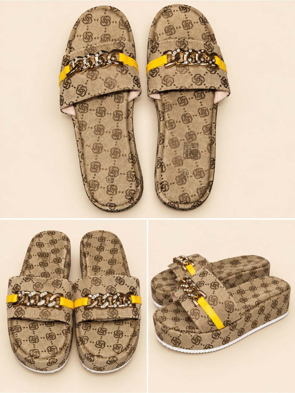 Fashion Inspired Style Beige Monogram Slide Sandals with Yellow Accent